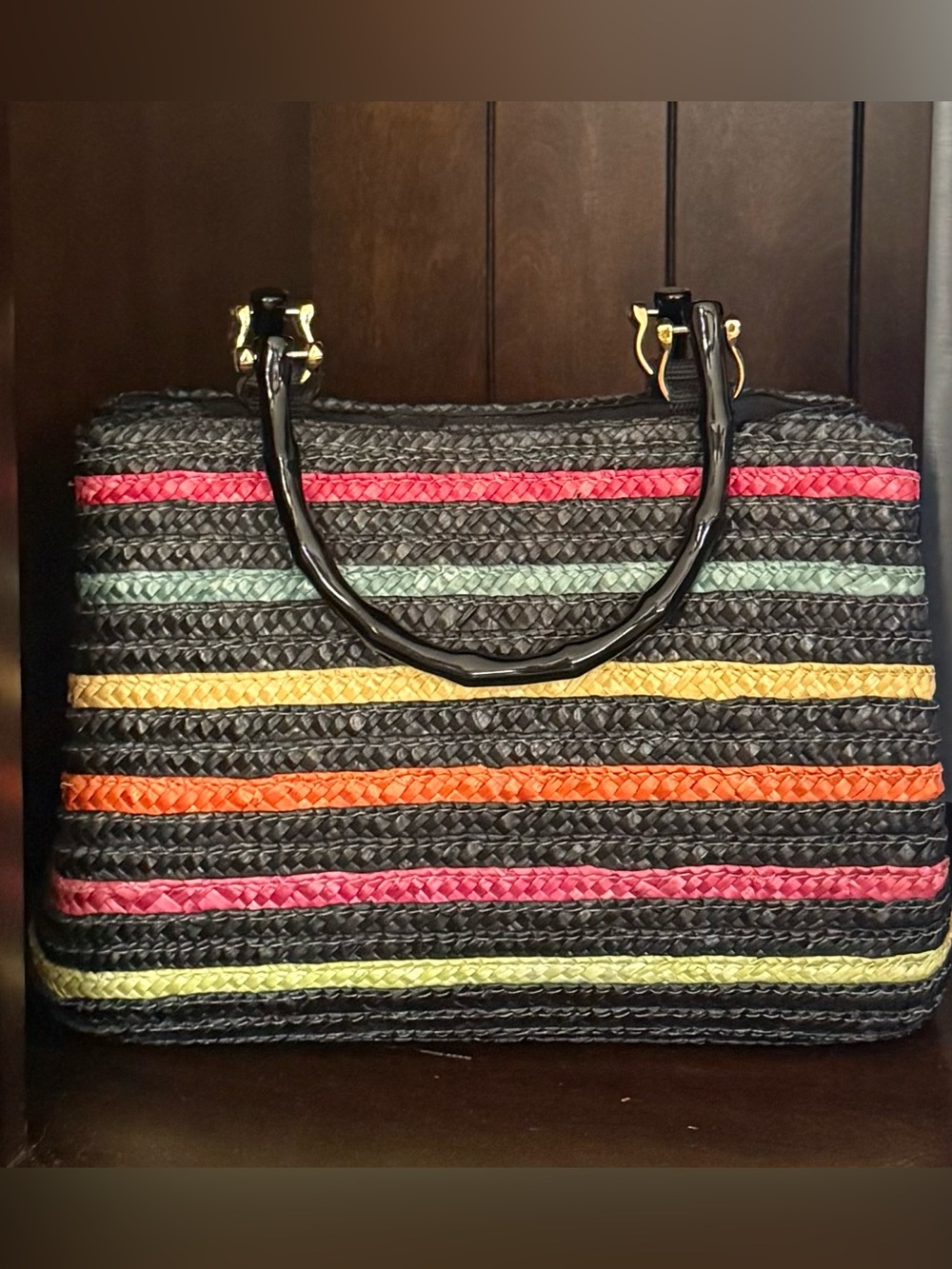 Vintage Woven Black Multicolor Striped Tote Bag with Black Acrylic Handles